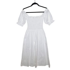 Reformation Marabella Smocked Square Neck Midi Dress Cotton Puff Sleeve Cottage